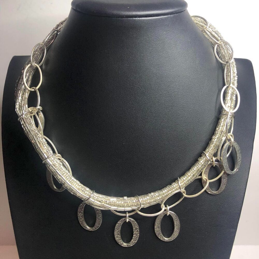 1613 CHICO'S silver tone 9-strand oval drop station necklace 16-20"
